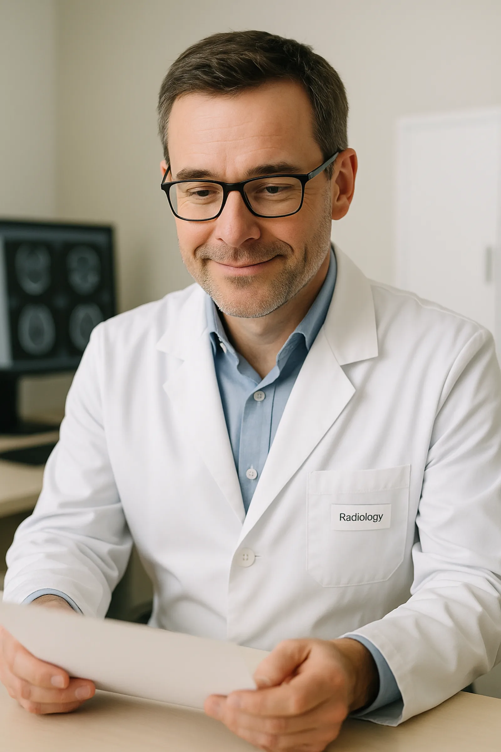 A male doctor in a white coat with glasses reading a document, a computer monitor with MRI scans in the background.