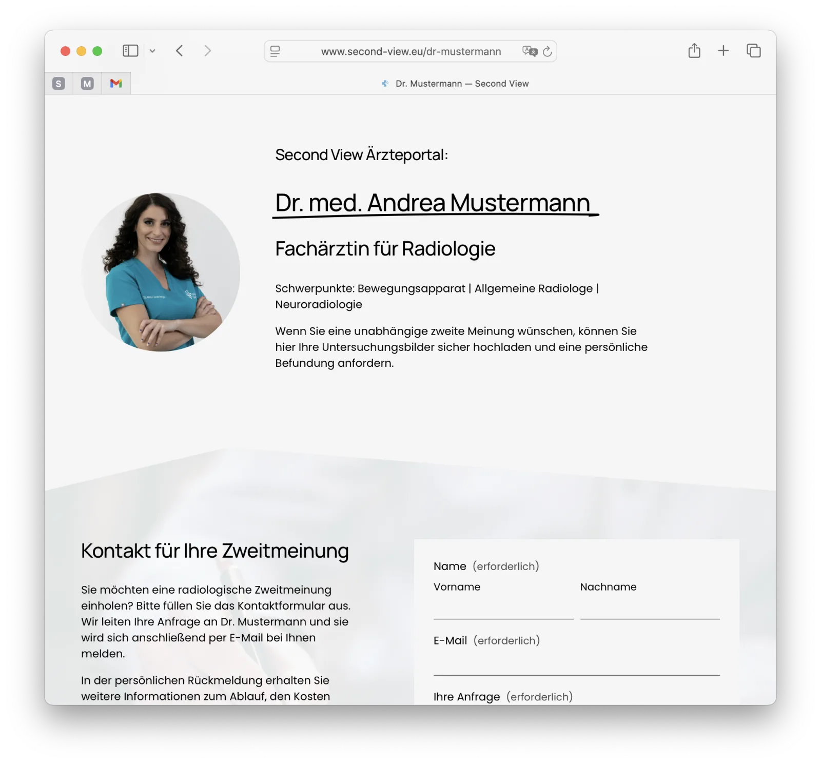 Website of a physician profile with a photo of a doctor in blue scrubs, text about Dr. Andrea Mustermann, radiologist, a contact form for second opinions, shown in a browser window.
