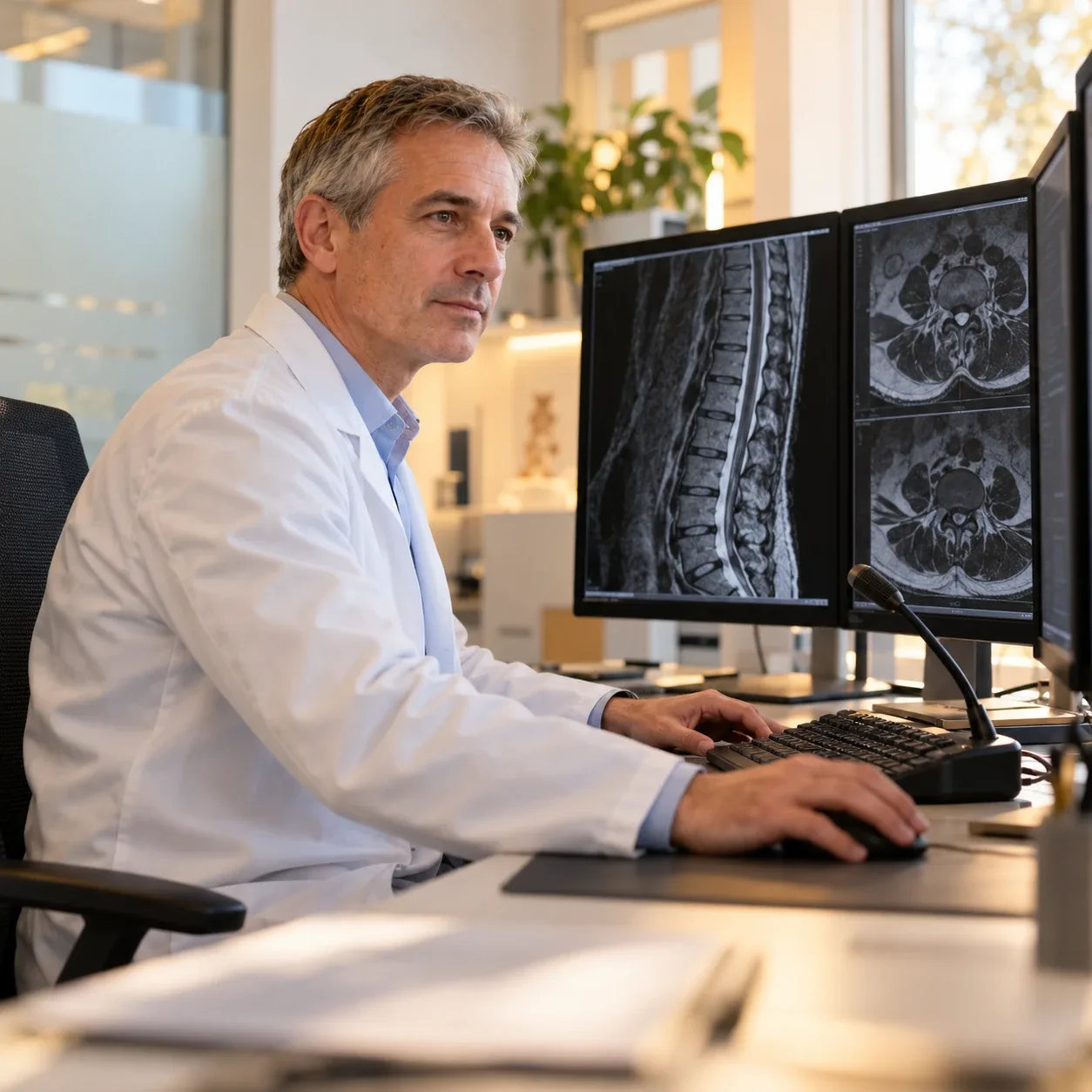 Facharzt für Radiologie am Befundungsarbeitsplatz seiner Praxis