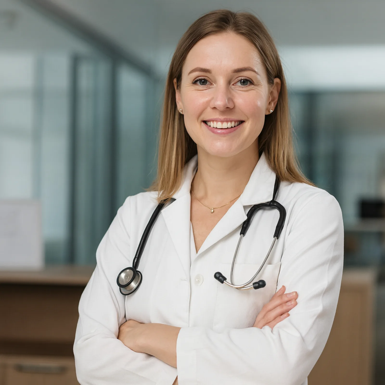 Fachärztin für Radiologie mit Stethoskop in einer Praxis